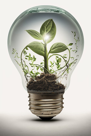 Light Bulb with green sprout inside isolated in white background. Generative AI.の素材