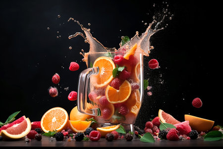 Blender with fruit flying, isolated on black background, fruit juice and splash. Generataive AIの素材