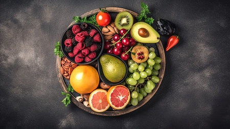 Fresh colourful fruits and vegetables- food for heart health. Generative AI.の素材
