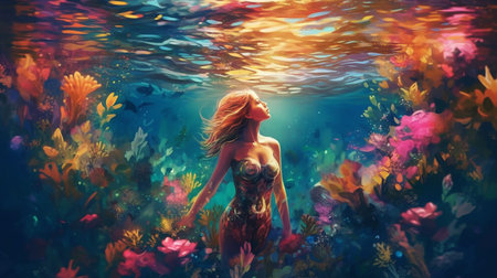 Illustration of beautiful woman with colourful flowers under blue water. Generative AI.の素材
