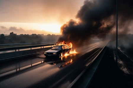 Burning car on the highway. Generative AI.の素材