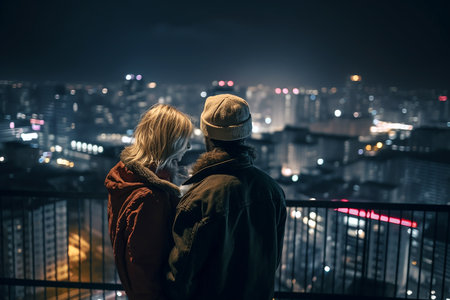 Romantic couple on the roof of a skyscraper looking at the night view of a big city. Generative AI.の素材