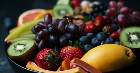 Fresh fruits and vegetables- food for heart health. Generative AI.の素材