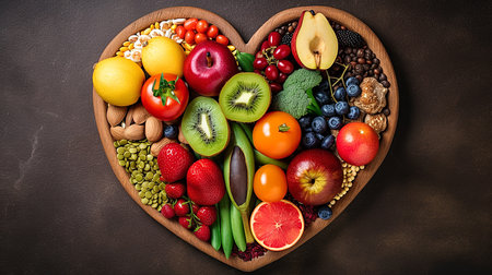 Fresh fruits and vegetables- food for heart health wellness in heart shape dish. Generative AI.の素材