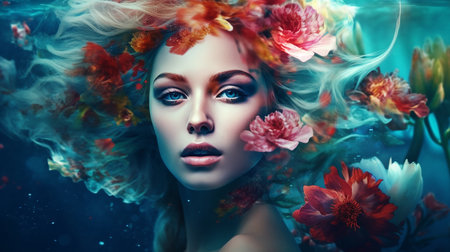 Under water portrait of beautiful woman with colourful flowers in hair. Generative AI.の素材