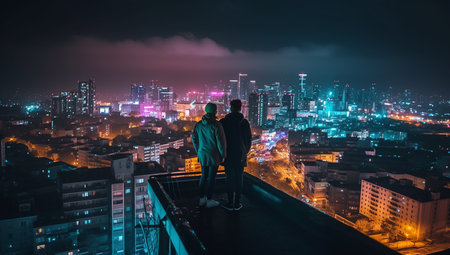Romantic couple on the roof of a skyscraper looking at the night view of a big city. Generative AI.の素材