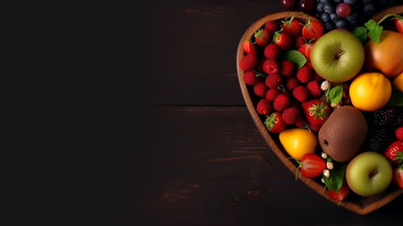 Fresh fruits and vegetables- food for heart health wellness in heart shape dish. Generative AI.の素材