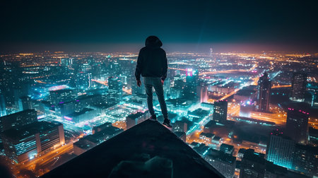 A young man stands on the roof of a skyscraper and looks at the night view of a big city. Generative AI.の素材