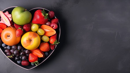 Fresh fruits and vegetables- food for heart health wellness in heart shape dish. Generative AI.の素材