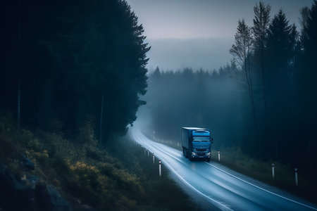 Truck with container on misty road, cargo transportation concept, generative ai.の素材