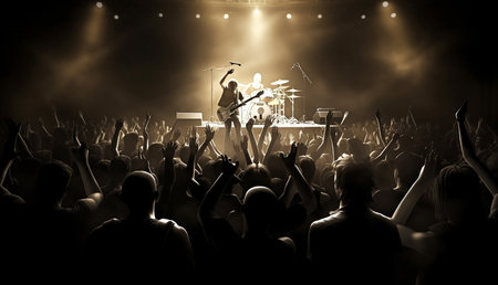 Rear view on crowd at rock concert - summer night music festival. Generative AI.の素材