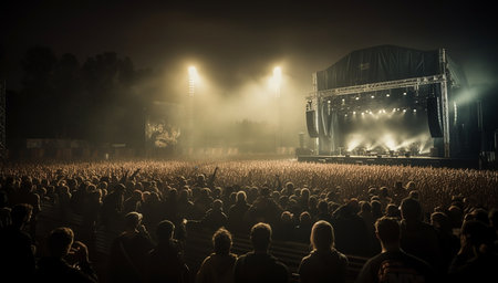 Crowd at rock concert - summer night music festival, monochrome. Generative AI.の素材