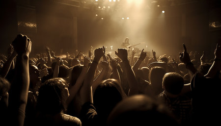Rear view on crowd at rock concert - summer night music festival. Generative AI.の素材