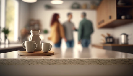 Empty kitchen counter worktop for product display. Blurred people in the background. Generative aiの素材