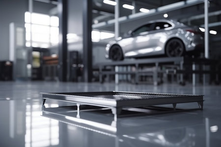 Empty metal platform for displaying products, blurred car workshop in background. Generative AI.の素材