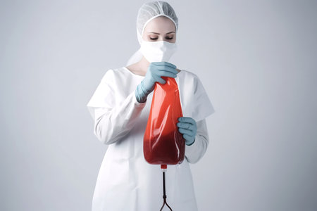 Doctor or nurse holding blood pack on white background. Generative AI.の素材