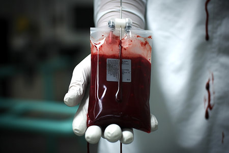 Hand of a medical worker holding a bag of donor blood. generative AI.の素材