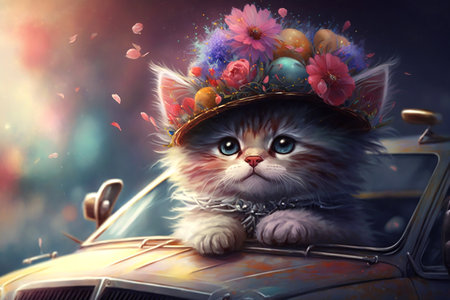 Cute kitten wearing flower hat driving retro car. Generative AI.の素材