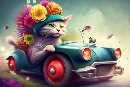 Cute kitten wearing flower hat driving retro car. Generative AI.の素材