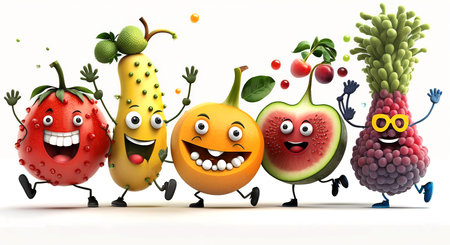 Row of funny fruits and vegetables dancing on white background. Generative AI.の素材