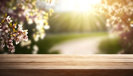 Empty wooden table with blooming garden bokeh background. Generative AI.の素材