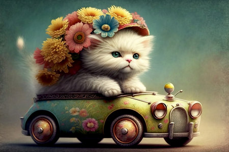Cute kitten wearing flower hat driving retro car. Generative AI.の素材