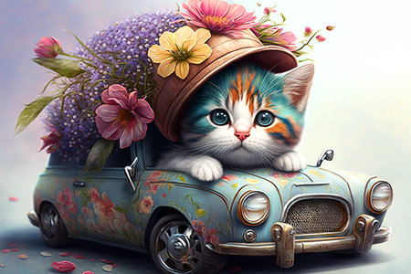 Cute kitten wearing flower hat driving retro car. Generative AI.の素材