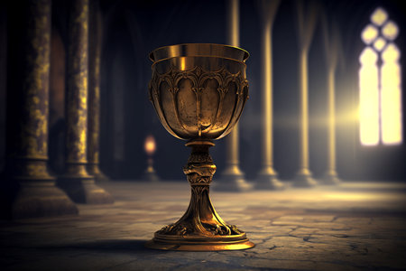 Golden chalice of wine on blurred sunlight curch background.  Generative AI.の素材