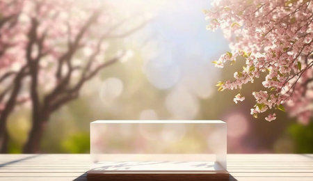 Empty white surface with blooming pink sakura garden bokeh background. Generative AI.の素材