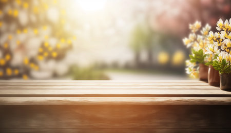 Empty wooden table with blooming garden bokeh background. Generative AI.の素材