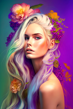 Luxurious fantasy hairstyle for long blonde hair with multi-colored flower decorations. Generative AI.の素材