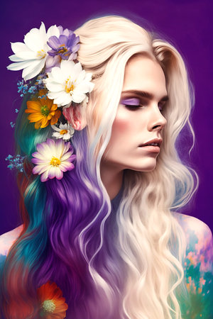 Luxurious hairstyle for long blonde hair with multi-colored flower decorations. Generative AI.の素材