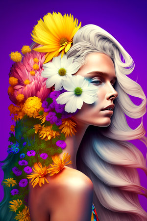 Luxurious fantasy hairstyle for long blonde hair with multi-colored flower decorations. Generative AI.の素材