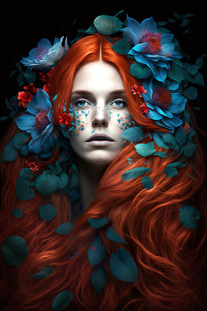 Illustration of hairstyle for long red hair with blue flowers. Generative AI.の素材
