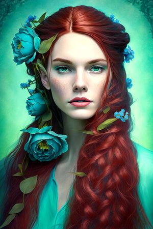 Illustration of hairstyle for long red hair with blue flower decorations. Generative AI.の素材