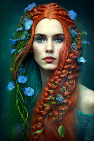 Fantasy hairstyle for long red hair with blue flower decorations. Generative AI.の素材