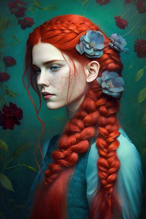 Illustration of hairstyle for long red hair with blue flower decorations. Generative AI.の素材