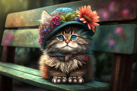 Stylish kitten with floral hat on wooden bench, generative AIの素材