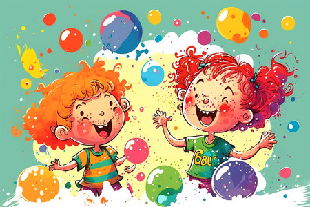 Illustration of happy children with colorful soup bubbles generative aiの素材