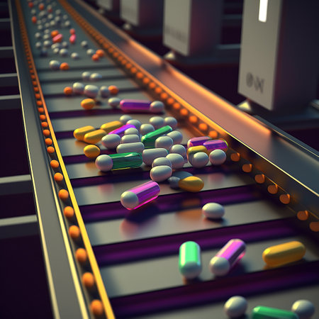 Pills on conveyor in pharmaceutical industry's factory, generative aiの素材