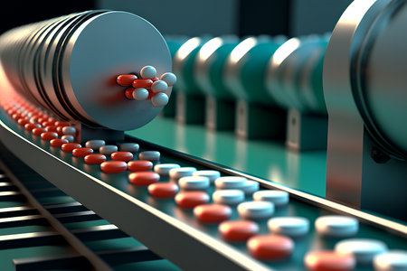 Pills on conveyor in pharmaceutical industry's factory, generative aiの素材