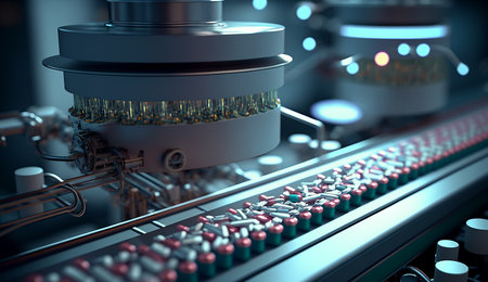 Pills on conveyor in pharmaceutical industry's factory, generative aiの素材