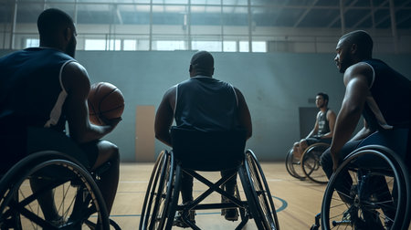 Disabled basketball team indoor. Diversity and inclusion concept. Generative AIの素材