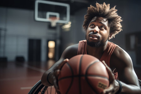 Portrait of Wheelchair Basketball Player Holding, Dribbling Ball, Training. Generative AI.の素材