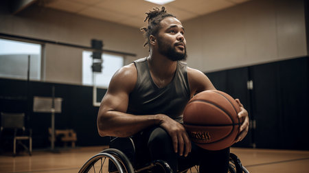 African american man with basketball ball sitting in wheelchair in gym, generative aiの素材