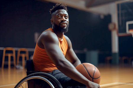 African american man with basketball ball sitting in wheelchair in gym, generative aiの素材