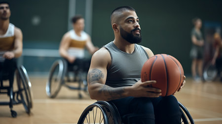 Portrait of Wheelchair Basketball Player Holding, Dribbling Ball, Training. Generative AI.の素材