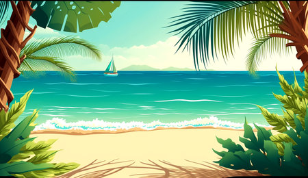Summer background with sea or ocean beach, palm tree leaves and free space for text, generative aiの素材