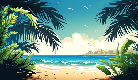 Summer background with sea or ocean beach, palm tree leaves and free space for text, generative aiの素材