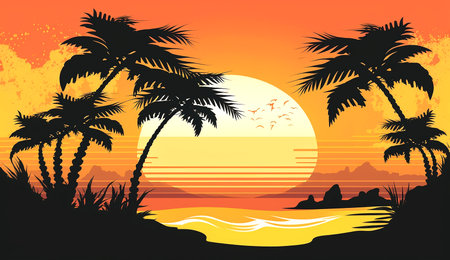 Summer holiday background with palm trees silhouettes on sunset tropical beach, generative aiの素材